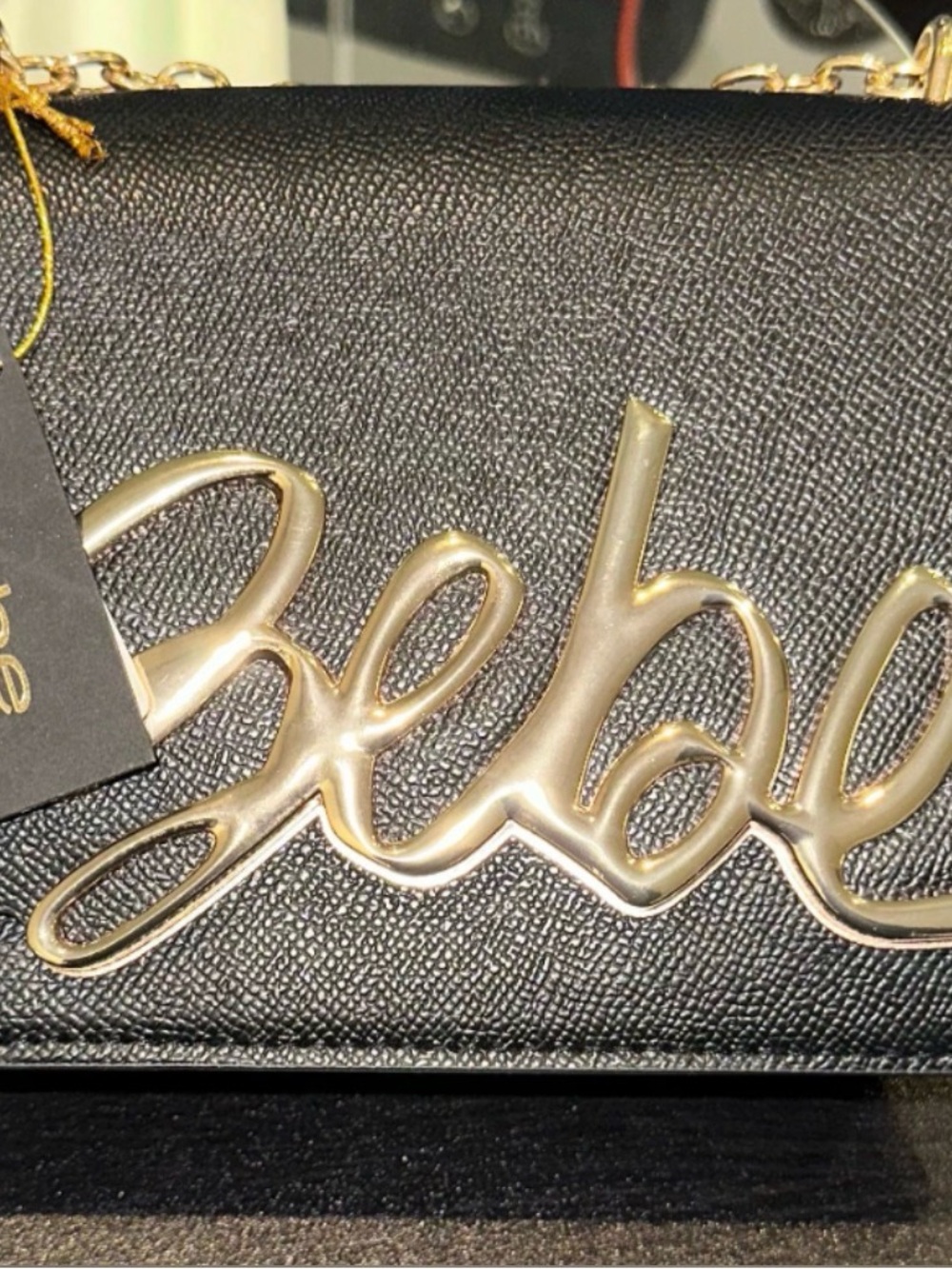 bebe Gabriel Black Crossbody Bag with Gold Script Logo and Hardware